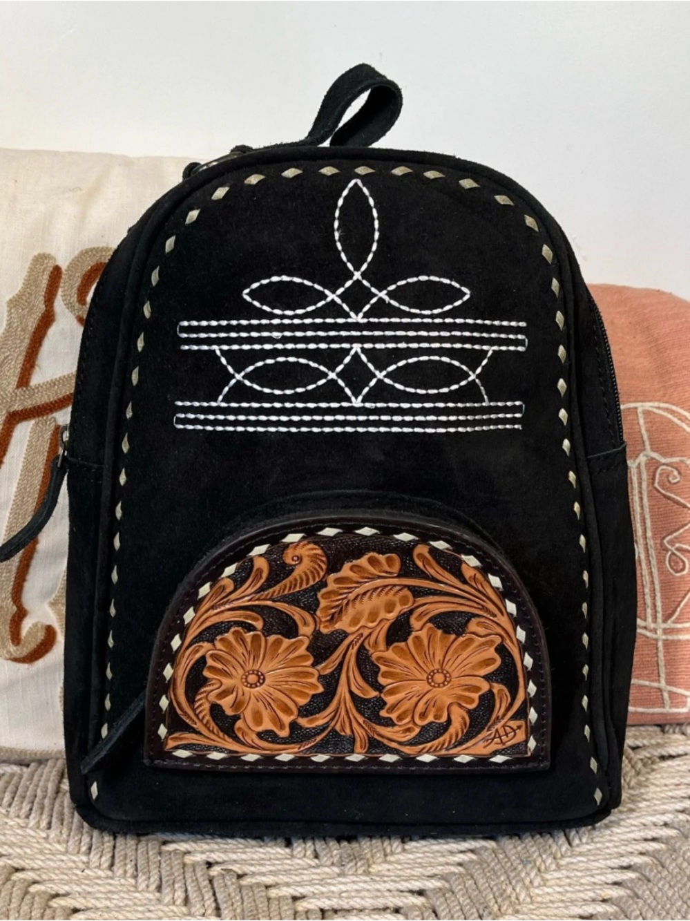Black Suede Mini Backpack with Floral Leather Accent